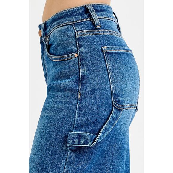 RISEN High Rise Patch Detailed Zipper Fly Stretch Dark Wash Wide Leg Denim Jeans - Picture 7 of 8